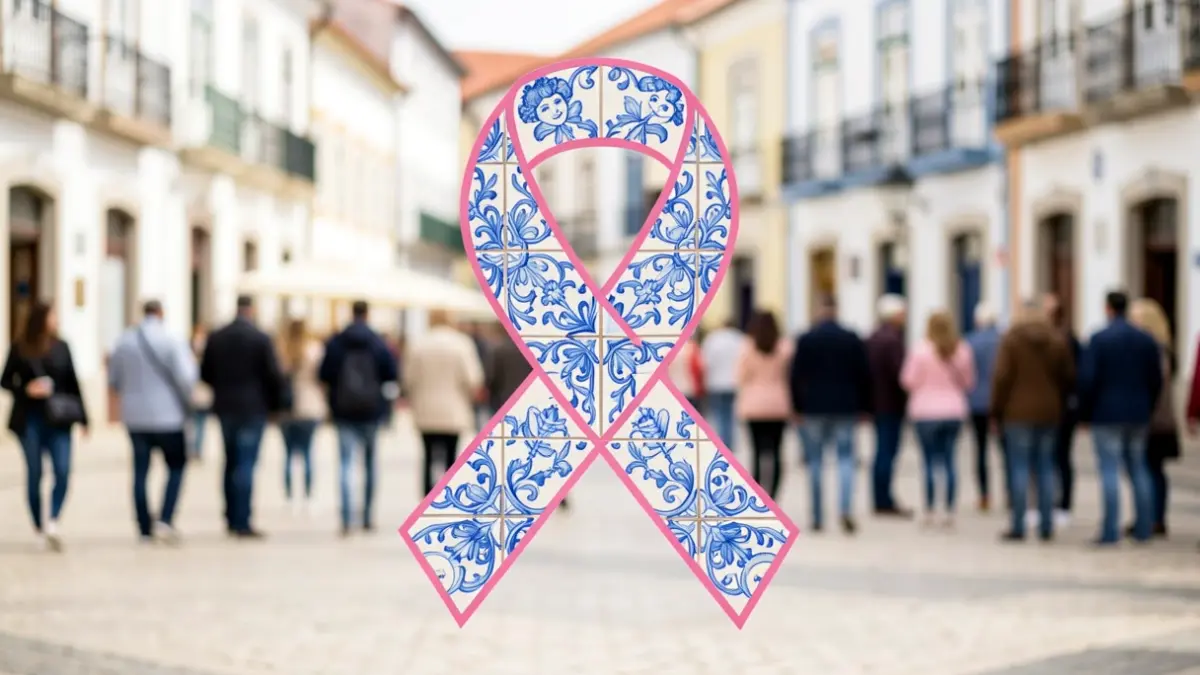 Generic image of a pink ribbon intertwined with Portuguese azulejo patterns, in an awareness setting.