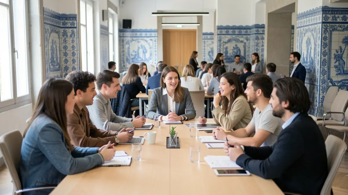 Imagem genérica de um grupo diversificado de jovens e adultos em discussão num salão de conferências com elementos arquitetónicos portugueses.