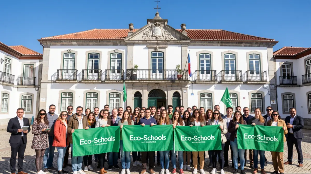 Imagen genérica de un grupo de estudiantes y profesores sosteniendo banderas verdes frente a un edificio municipal portugués.