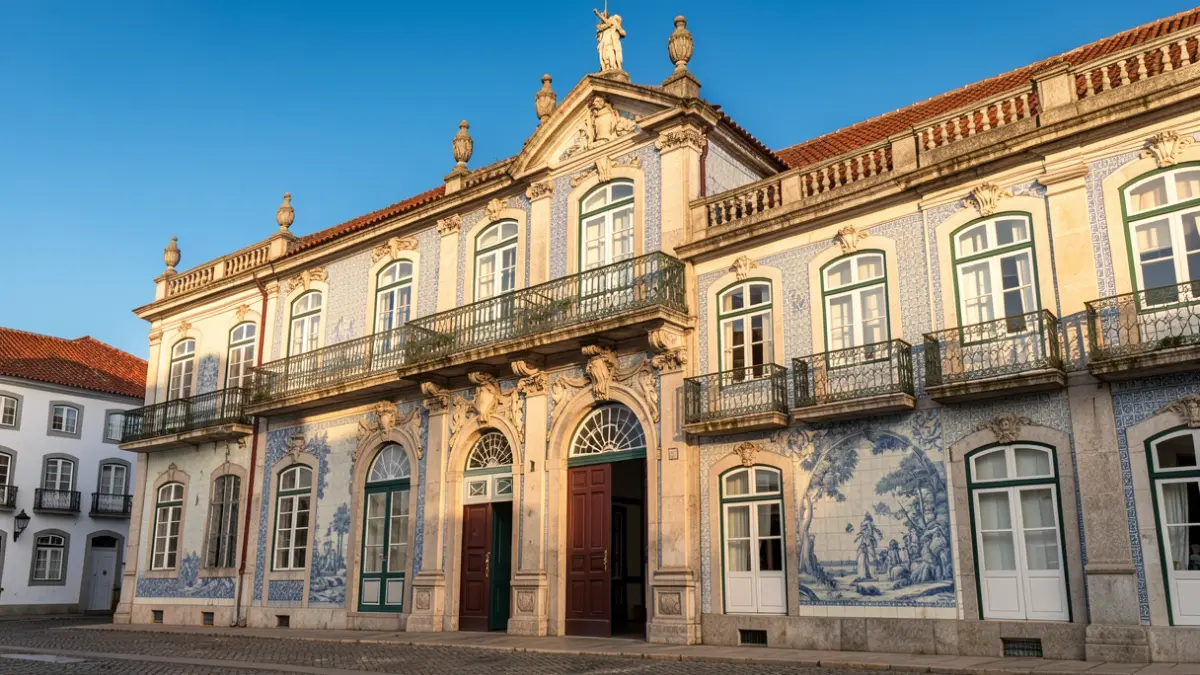 Facade of a Portuguese municipal building with ornate details and balconies, under warm afternoon light.