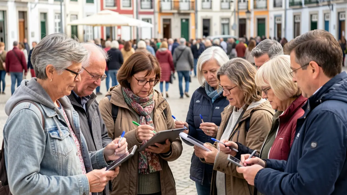 Imagem genérica de cidadãos portugueses a participar numa sondagem sobre sustentabilidade numa praça de uma vila portuguesa.