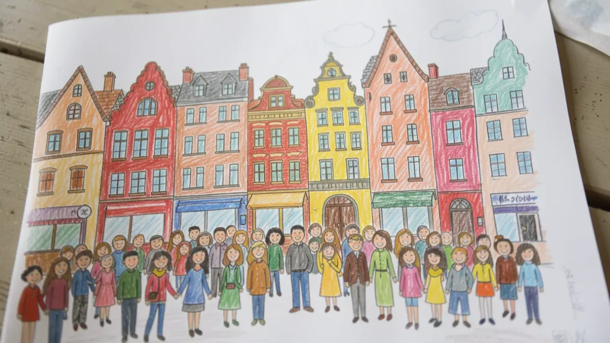 Desenho infantil de uma cidade idealizada, com casas coloridas e pessoas sorridentes.