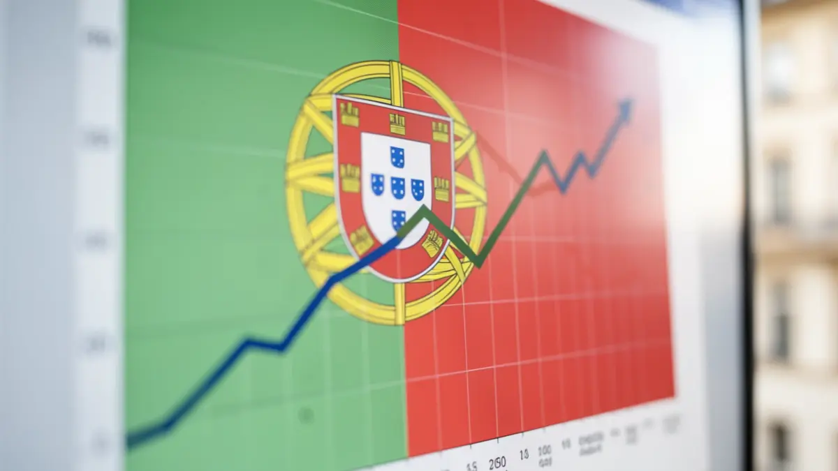 Imagem genérica de um gráfico de índice de sustentabilidade com a bandeira portuguesa ao fundo.