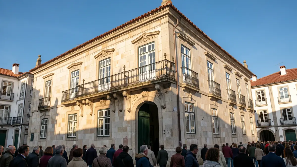 Imagem genérica de uma Câmara Municipal portuguesa com varanda ornamentada e luz solar de fim de tarde.