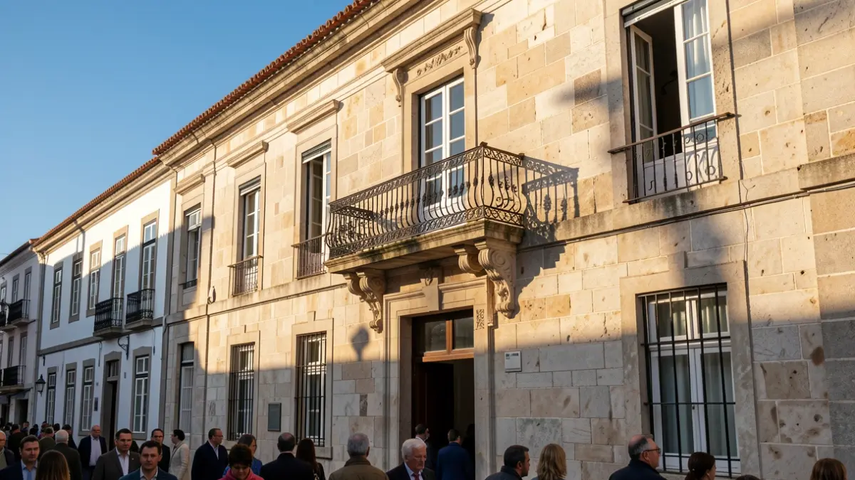 Imagem genérica de uma fachada de edifício municipal em pedra com varanda e luz solar.