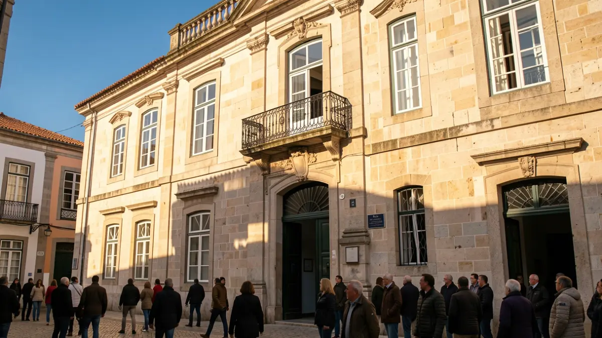 Imagem genérica de uma fachada de Câmara Municipal portuguesa com varanda ornamentada e luz solar de fim de tarde.