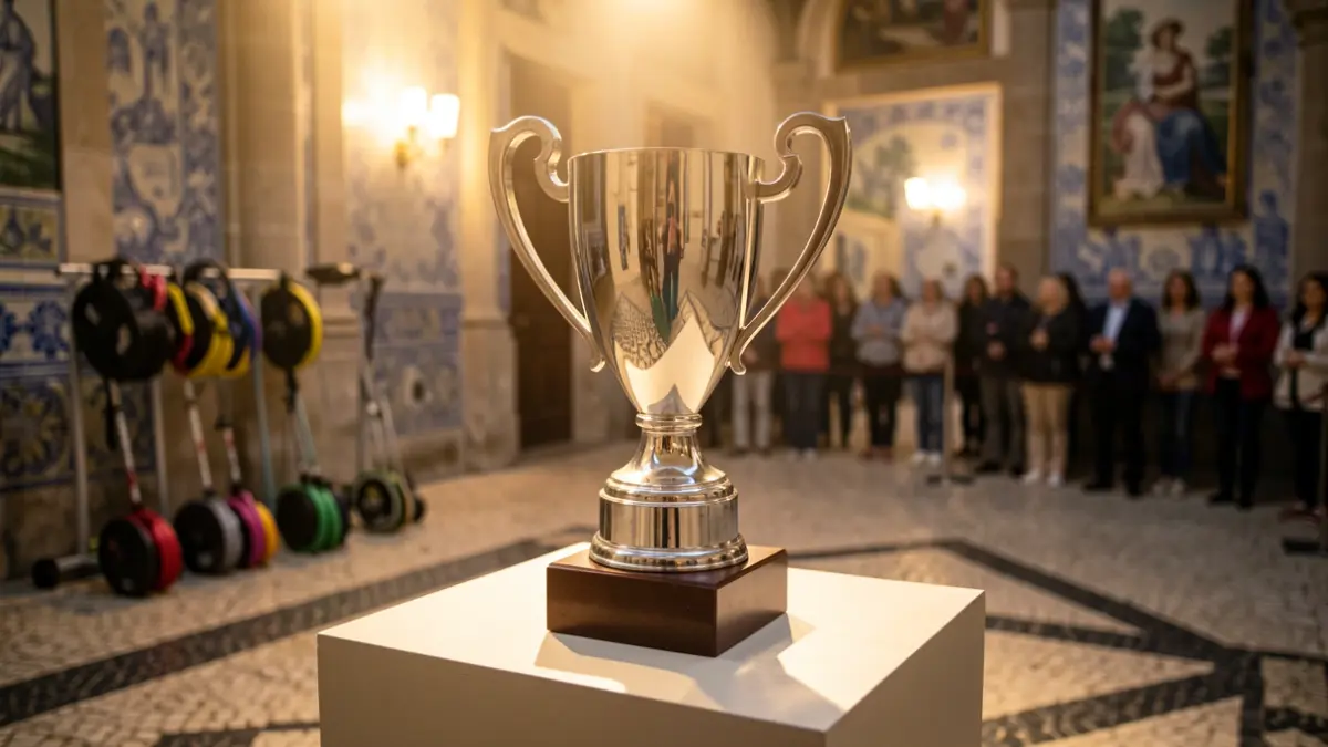 Generic image of a sports trophy on a podium with blurred athletic equipment in the background.