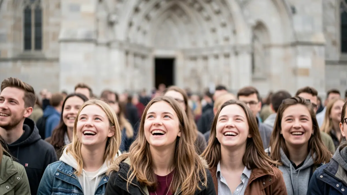 Imagem genérica de um grupo de jovens em frente a uma fachada de santuário religioso, com luz suave.