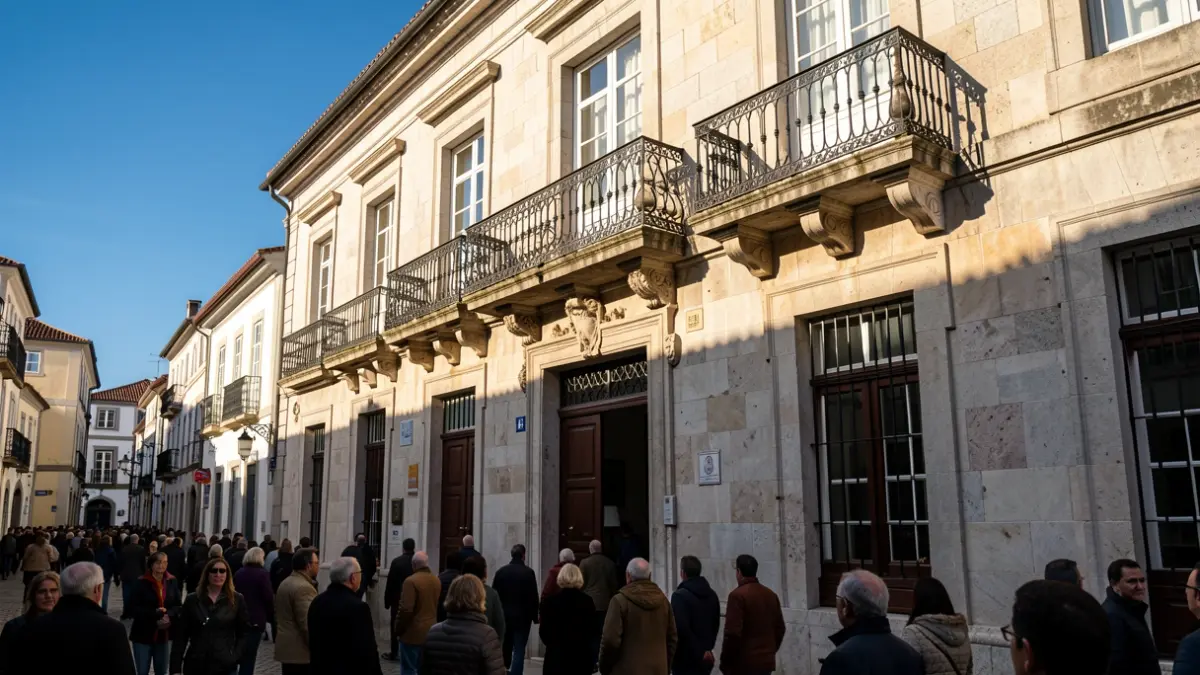 Imagem genérica de uma fachada de Câmara Municipal portuguesa em pedra com varanda ornamentada e balaustrada em ferro, sob luz solar quente de fim de tarde.