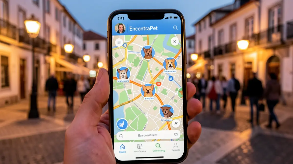 Imagem genérica de um ecrã de smartphone com ícones de animais e um mapa, num ambiente urbano ao entardecer.
