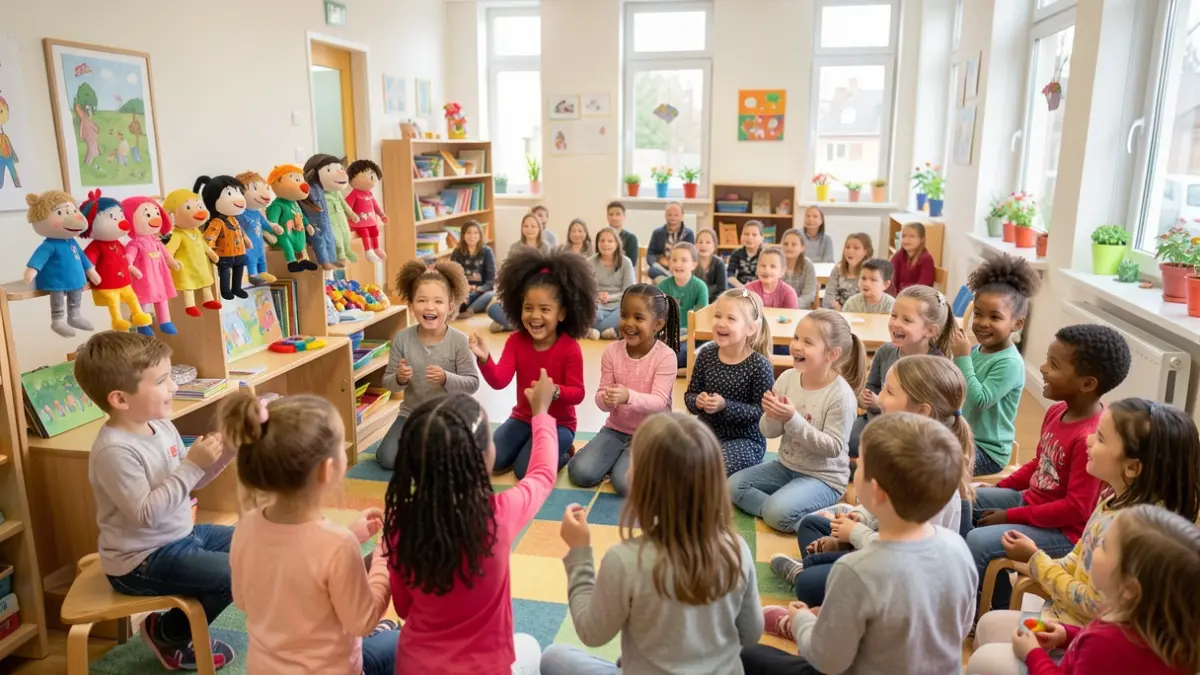 Imagen genérica de niños asistiendo a un espectáculo de títeres en un centro comunitario.