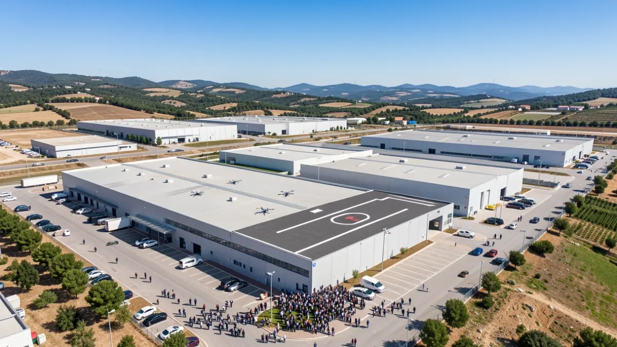 Imagen genérica de un parque industrial moderno en Portugal con un edificio de tecnología avanzada y una pista de aterrizaje.