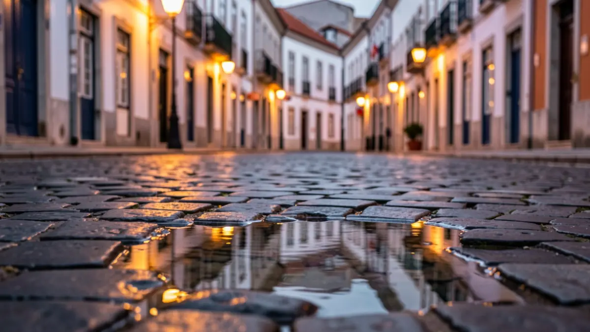 Imagem genérica de uma rua de calçada portuguesa com um pequeno charco a refletir luzes de rua, luzes quentes de fim de tarde.
