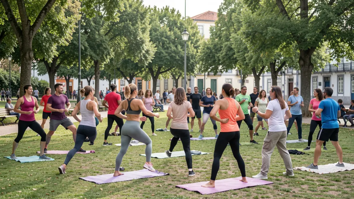 Imagem genérica de um grupo a participar numa aula de exercício ao ar livre num parque português.