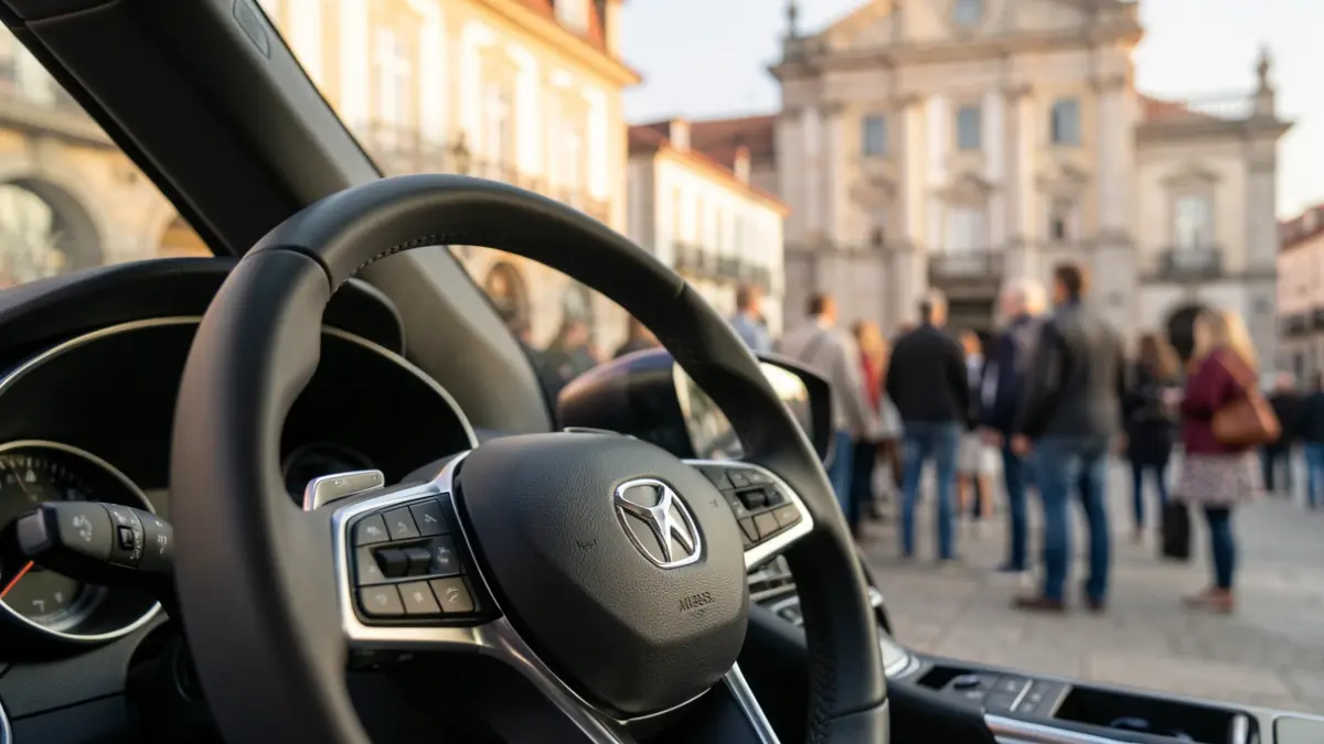 Imagem genérica de um volante de carro moderno com a fachada de uma Câmara Municipal portuguesa ao fundo, luz de fim de tarde.