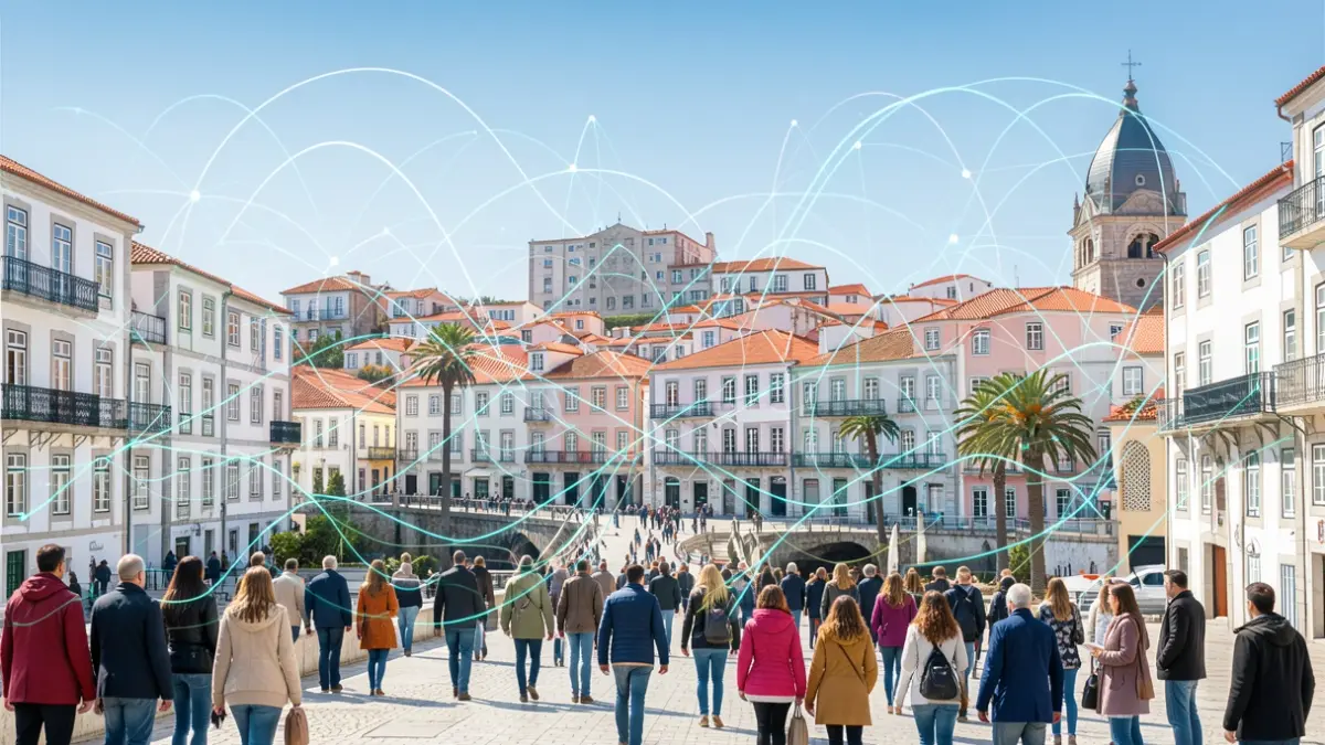 Imagem genérica de uma cidade portuguesa com elementos digitais abstratos.
