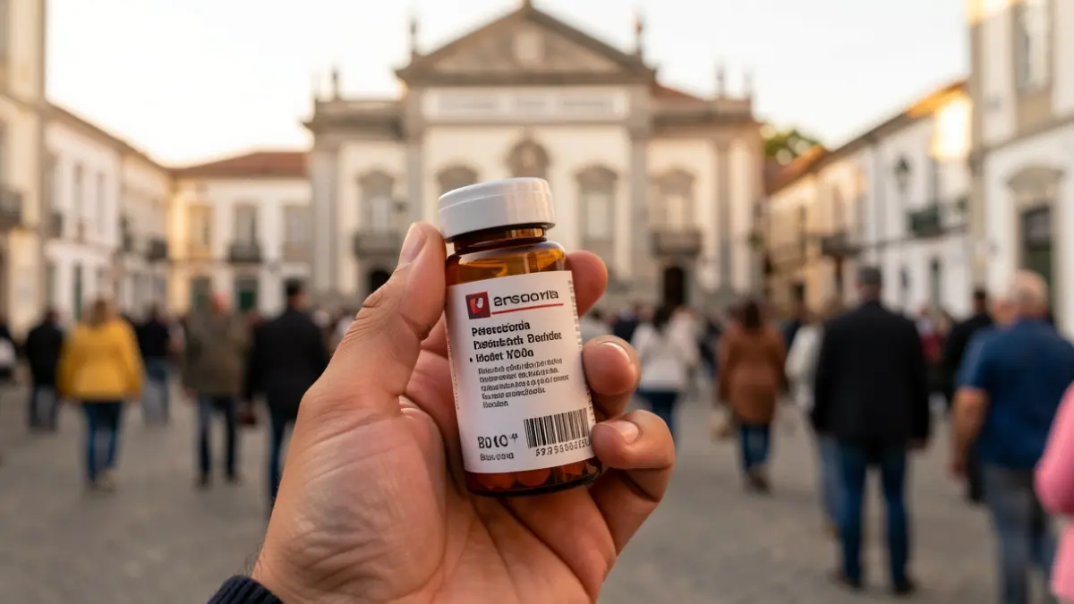 Imagem genérica de uma mão a segurar um frasco de medicamento com a fachada de uma Câmara Municipal ao fundo.