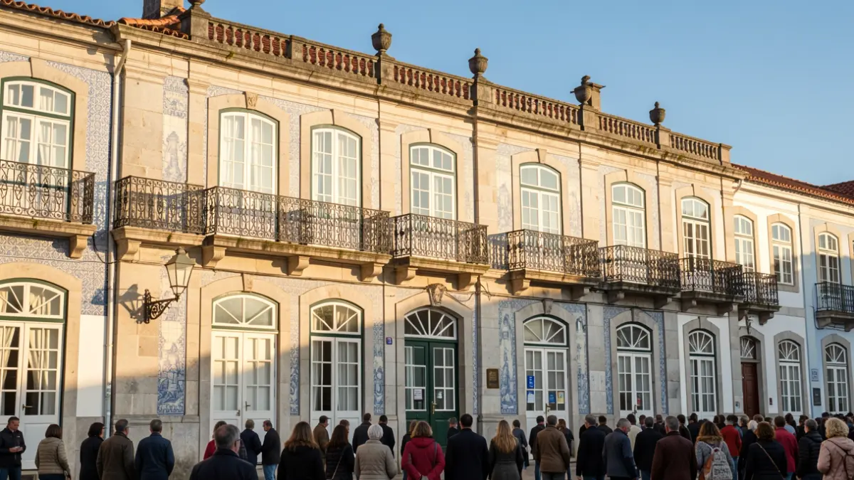 Facade of a Portuguese town hall with ornate balconies and blue sky.