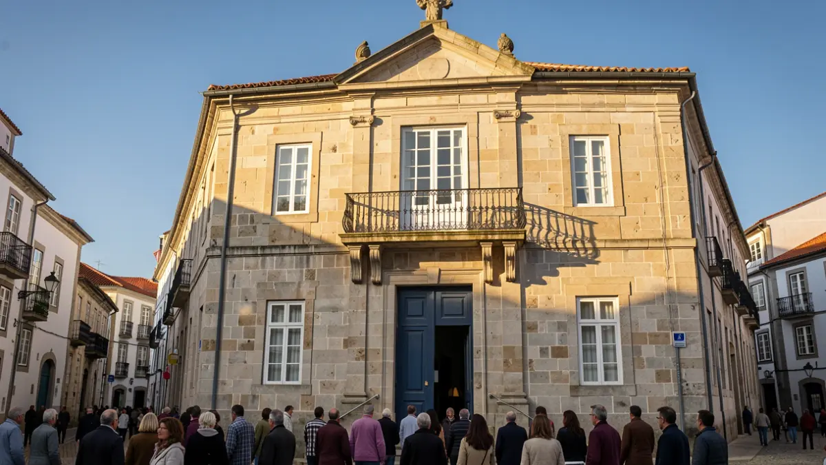 Generic image of a traditional Portuguese town hall facade made of stone, with an ornate balcony and iron railings. Warm afternoon sunlight casting shadows on the sandstone walls. Clear blue sky.