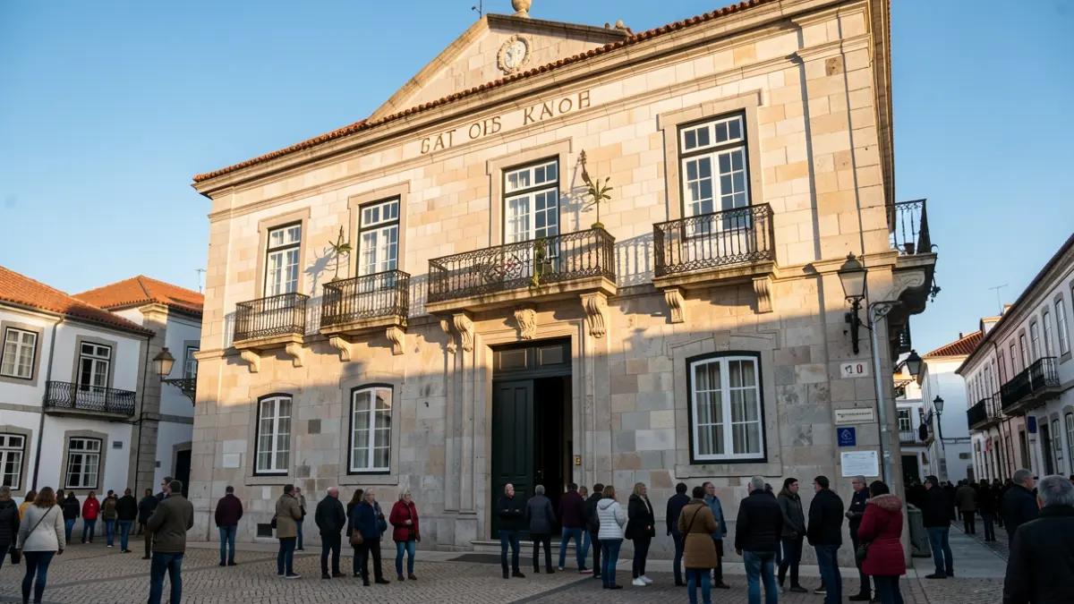 Imagem genérica da fachada de um edifício municipal português com varanda ornamentada, sob luz solar de fim de tarde.