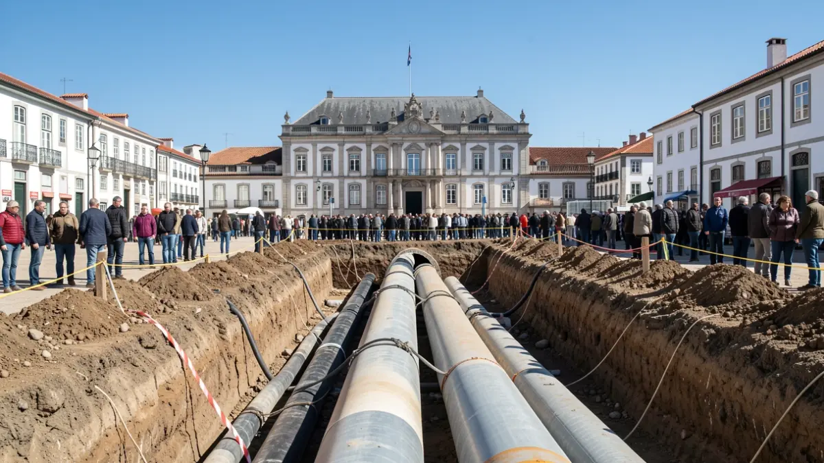 Imagem genérica de uma obra de saneamento em Portugal, com tubagens a serem instaladas e um edifício municipal ao fundo.