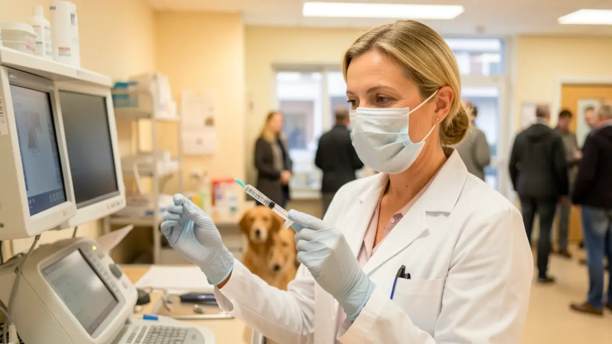 Generic image of a veterinarian preparing an injection with a blurred dog in the background.