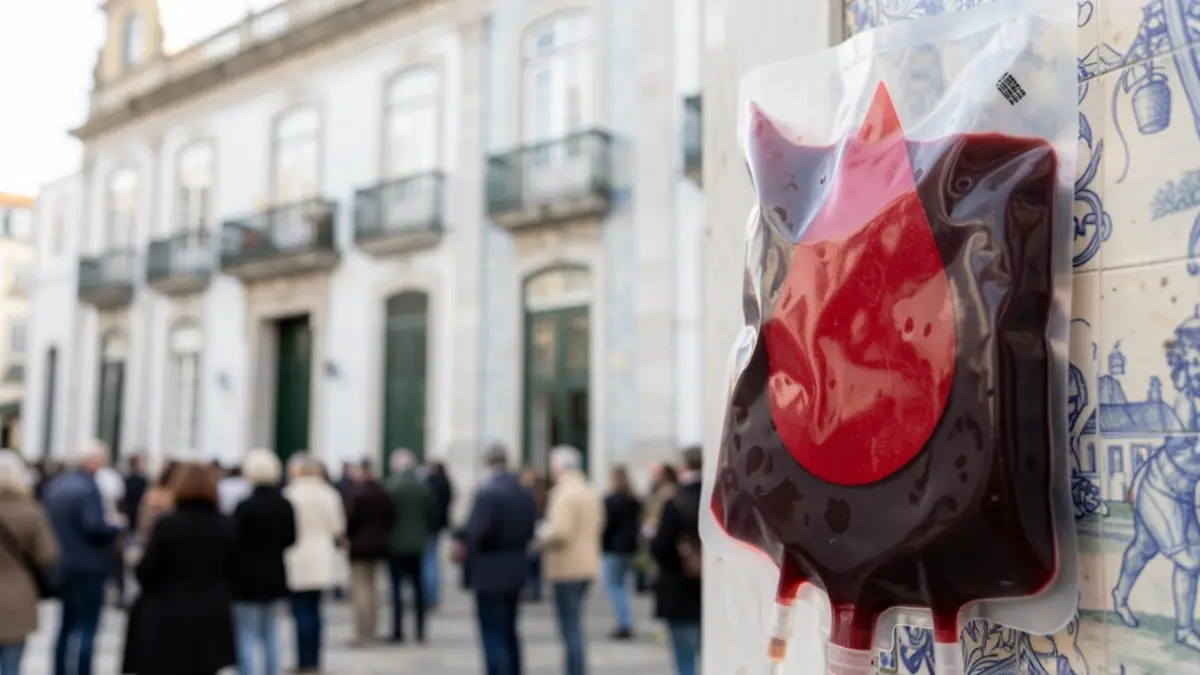 Imagem genérica de uma bolsa de sangue com um símbolo de gota vermelha, em frente a uma fachada de edifício público com elementos arquitetónicos portugueses.