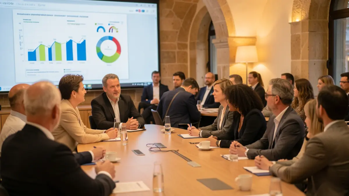 Imagem genérica de um grupo de profissionais numa sala de conferências, com elementos arquitetónicos subtis de Portugal.
