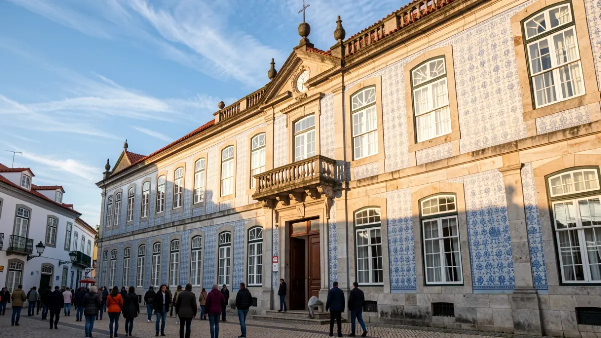 Fachada del Ayuntamiento de Vila do Conde con azulejos y balcón, al atardecer.