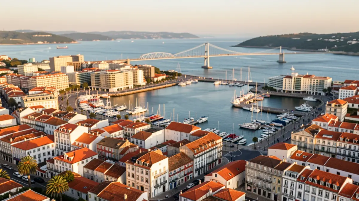 Imagen genérica de un paisaje urbano costero en Portugal, con edificios modernos e históricos, puerto y puente, bajo la luz solar del atardecer.