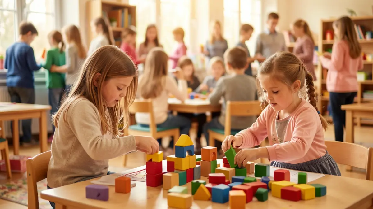 Imagem genérica de crianças a brincar com blocos de construção e brinquedos educativos num ambiente acolhedor.