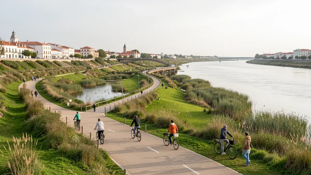 Parque Lineal Ribeirenho del Estuario del Tajo en Vila Franca de Xira, con corredores verdes y senderos para caminar y ciclismo.