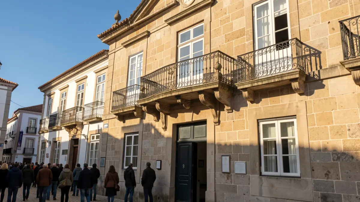 Imagem genérica de uma fachada de edifício municipal em pedra com varanda ornamentada, sob luz solar de tarde.