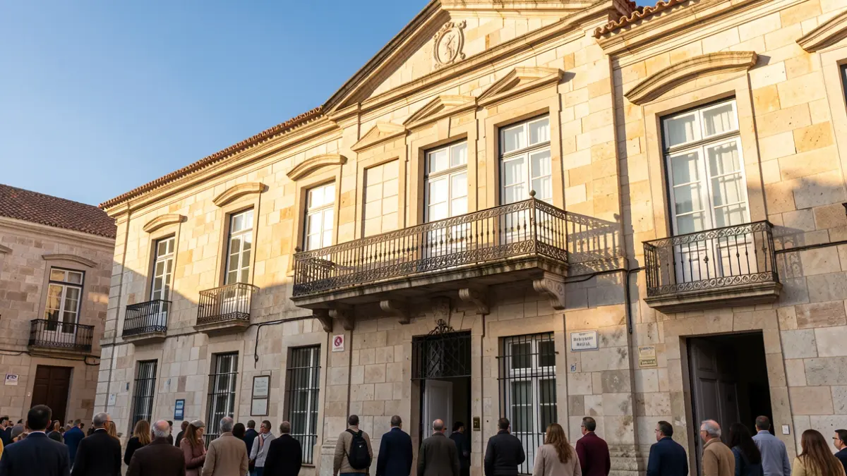 Generic image of a stone municipal building facade with an ornate balcony and afternoon sunlight.