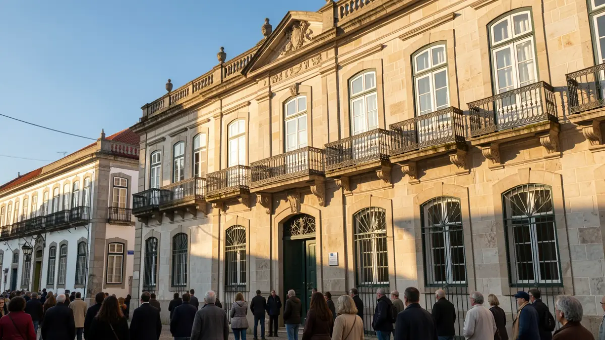Generic image of a Portuguese municipal building facade with ornate balconies and afternoon sunlight.