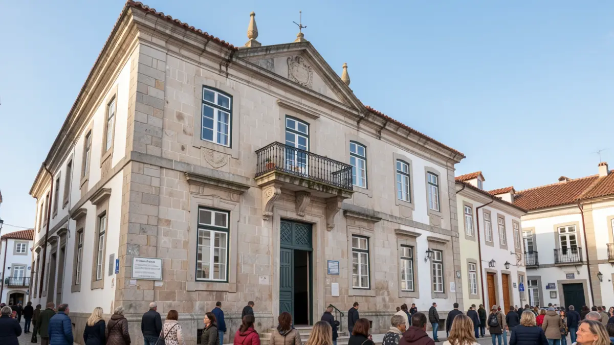 Fachada del Ayuntamiento de Vinhais, un edificio tradicional portugués con elementos de piedra y balcón, bajo un cielo azul claro con luz diurna suave.