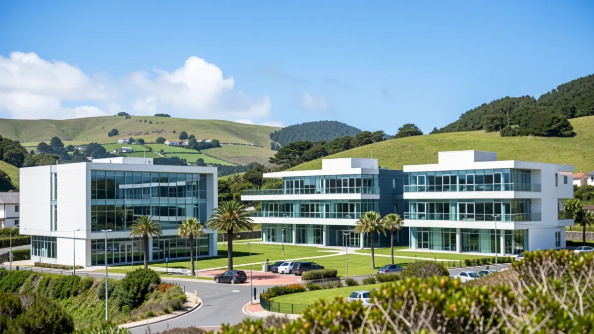 Generic image of a modern technology park in the Azores with modern-lined buildings and a blue sky.