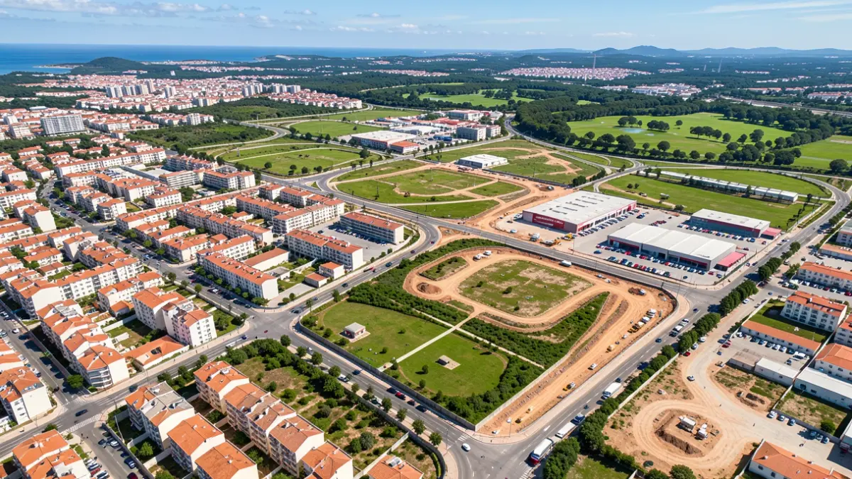 Imagen genérica de zonas de desarrollo urbano en Portugal, con edificios residenciales, áreas comerciales y espacios verdes.