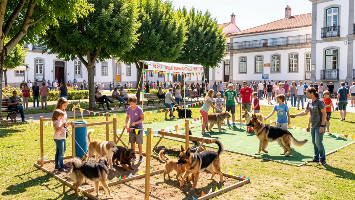 Imagem de um evento em Viseu para o Dia Mundial do Animal, com atividades de adoção e exposição de cães.