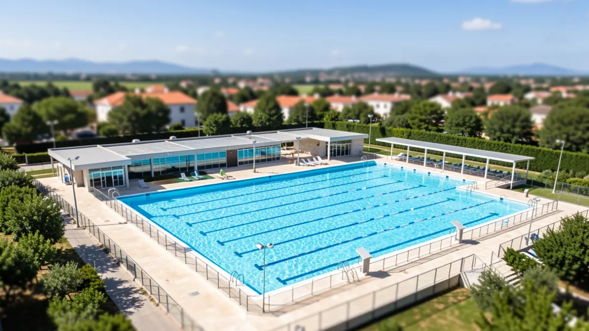 Imagem genérica de um complexo de piscinas municipais em Portugal, com água azul clara e áreas verdes circundantes, sob um céu soalheiro.