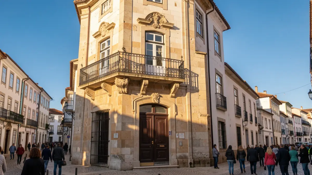 Imagem genérica de uma fachada de Câmara Municipal portuguesa com varanda ornamentada e grades de ferro, luz solar quente da tarde a projetar sombras nas paredes de arenito, céu azul.