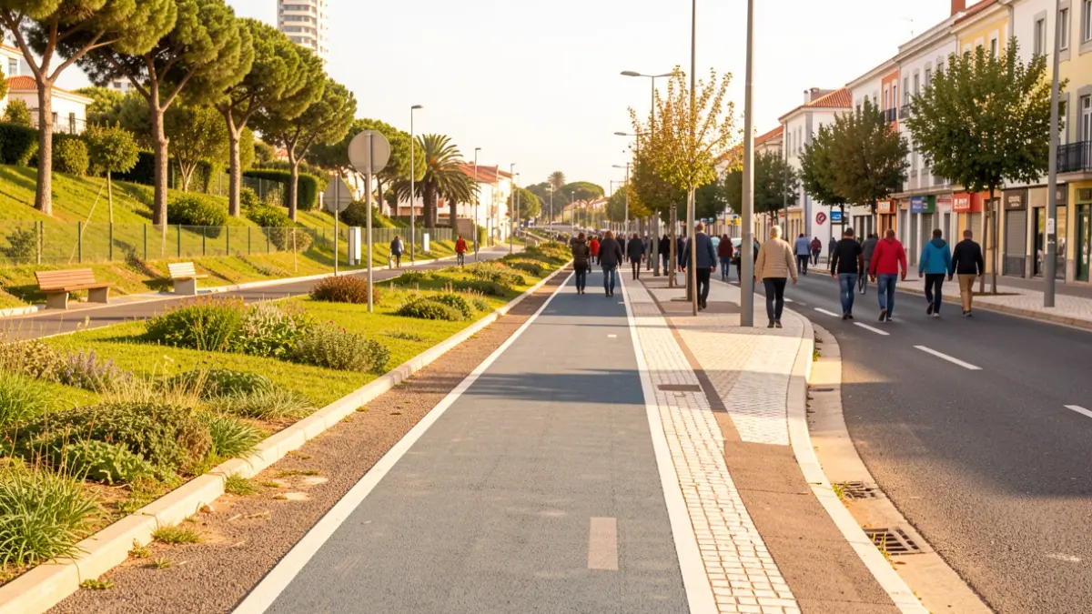 Imagem genérica de uma ciclovia em construção numa zona urbana portuguesa, com pavimento e espaços verdes.