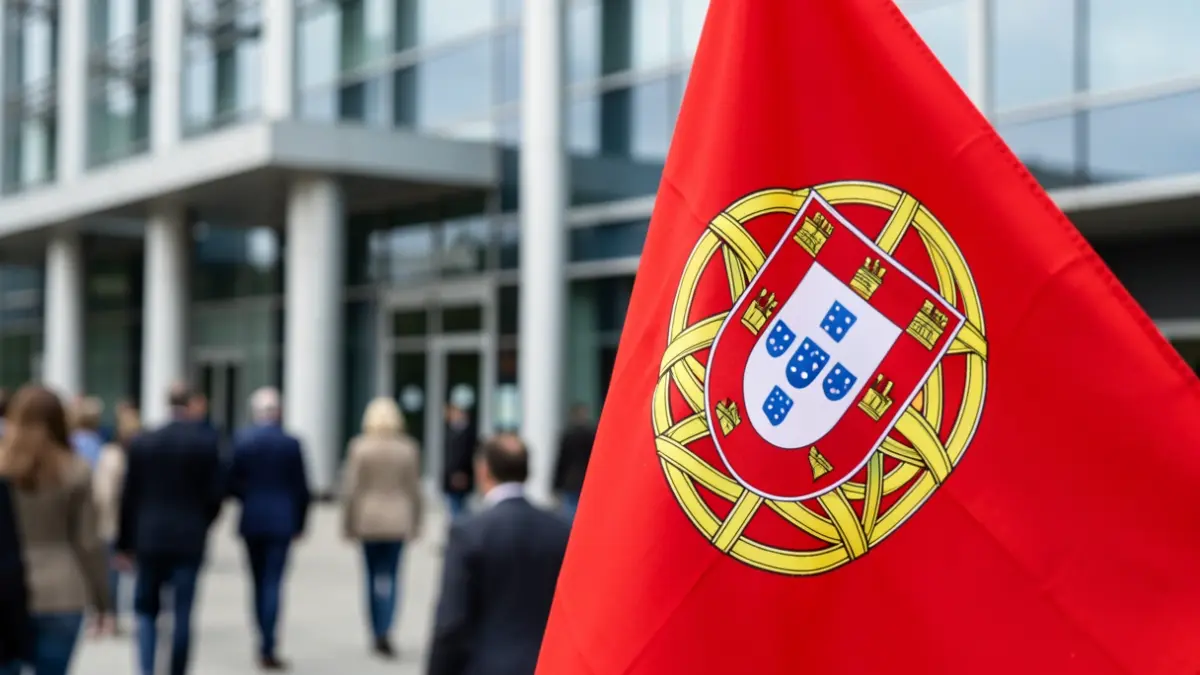 Imagem genérica de uma bandeira portuguesa com um edifício governamental desfocado ao fundo, em estilo de fotografia documental.