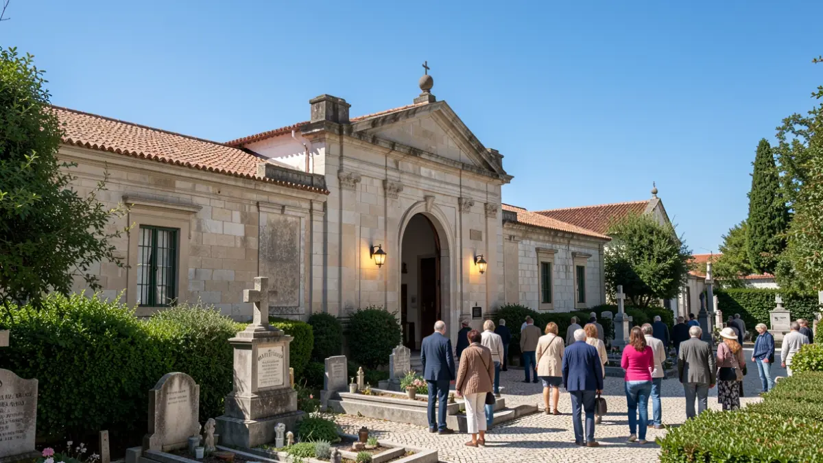 Imagen genérica de una entrada de cementerio en Portugal con fachada renovada e iluminación mejorada.