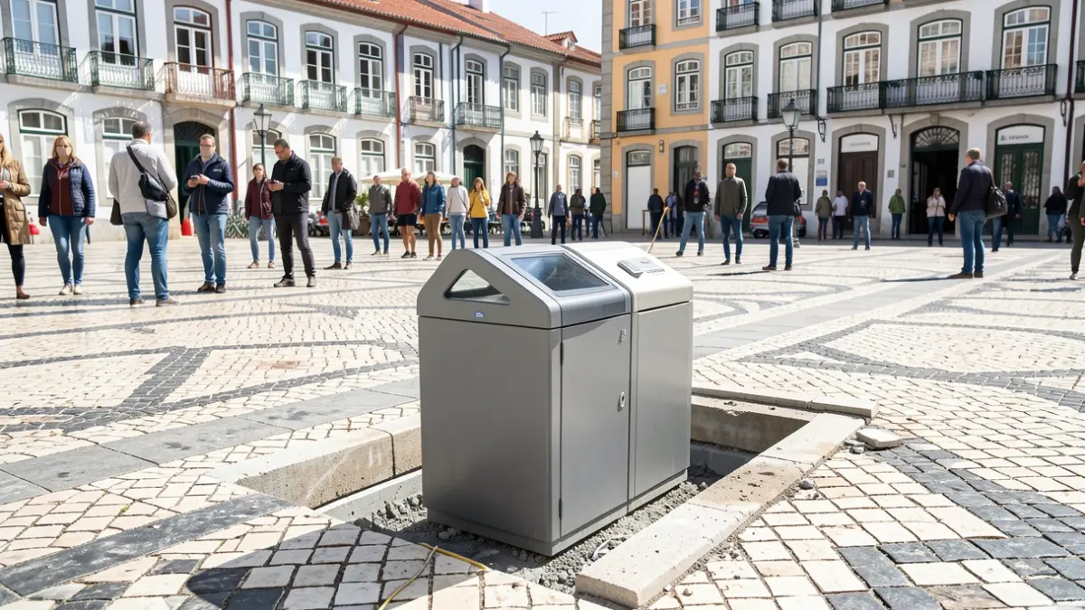 Generic image of underground waste bins being installed in a public square with Portuguese pavement.