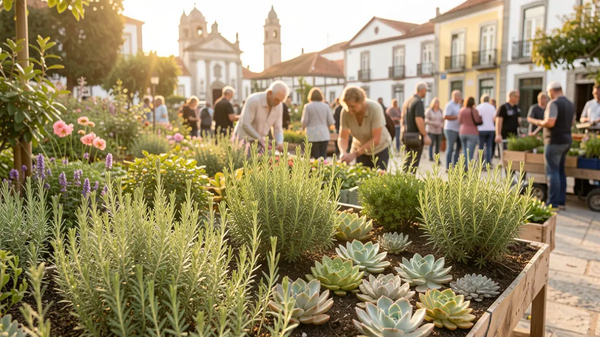 Generic image of a garden with newly planted aromatic herbs and succulents, with people working in the background.