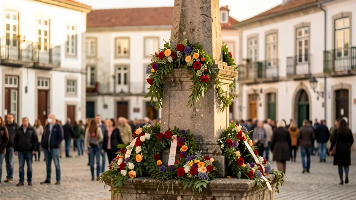 Monumento em Vouzela com coroas de flores em homenagem às vítimas de incêndios.