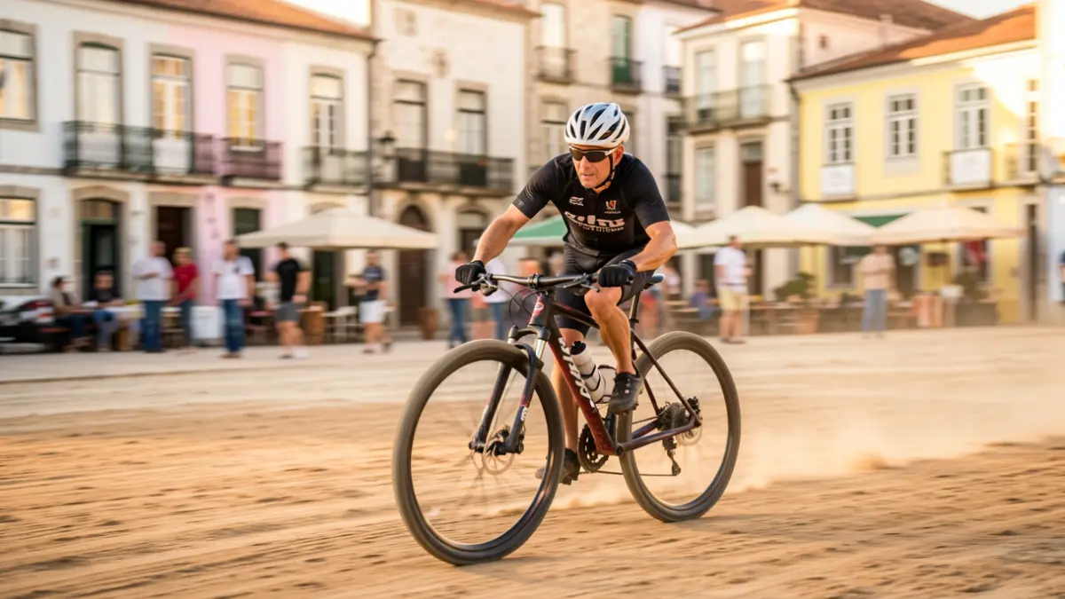Imagen genérica de una prueba de ciclocross en Vouzela, con atletas y el centro del pueblo al fondo.