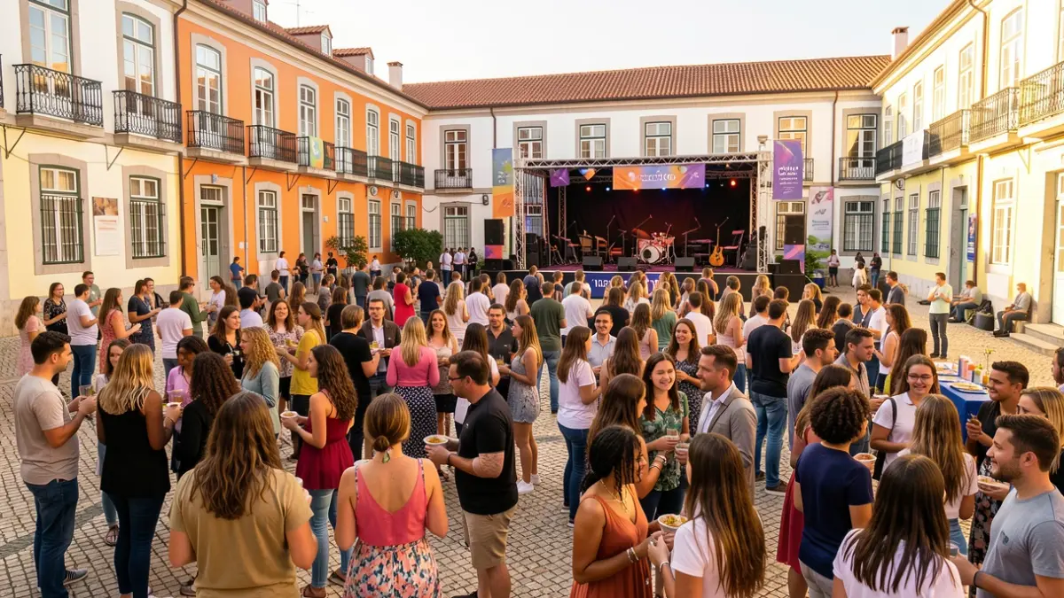 Image of a welcome event at a Portuguese university campus, with students participating in festive activities.