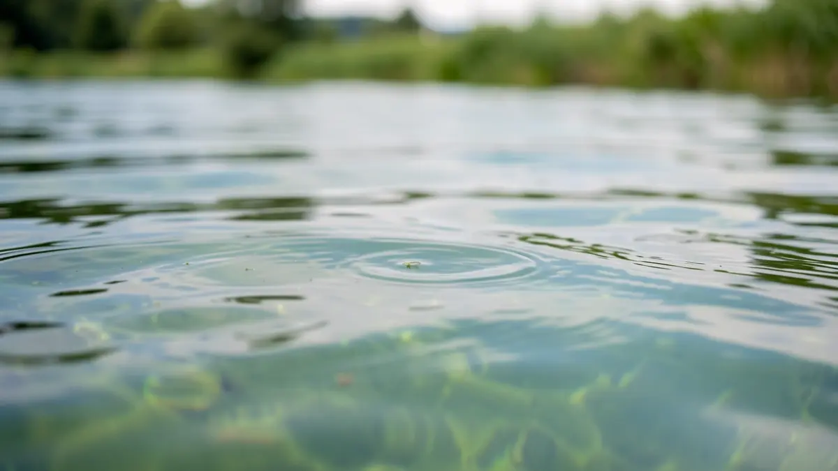 Imagem genérica de uma superfície de água com ondulações subtis e tons verdes e azuis, sugerindo vida microscópica. Fundo desfocado da margem de uma albufeira com vegetação.